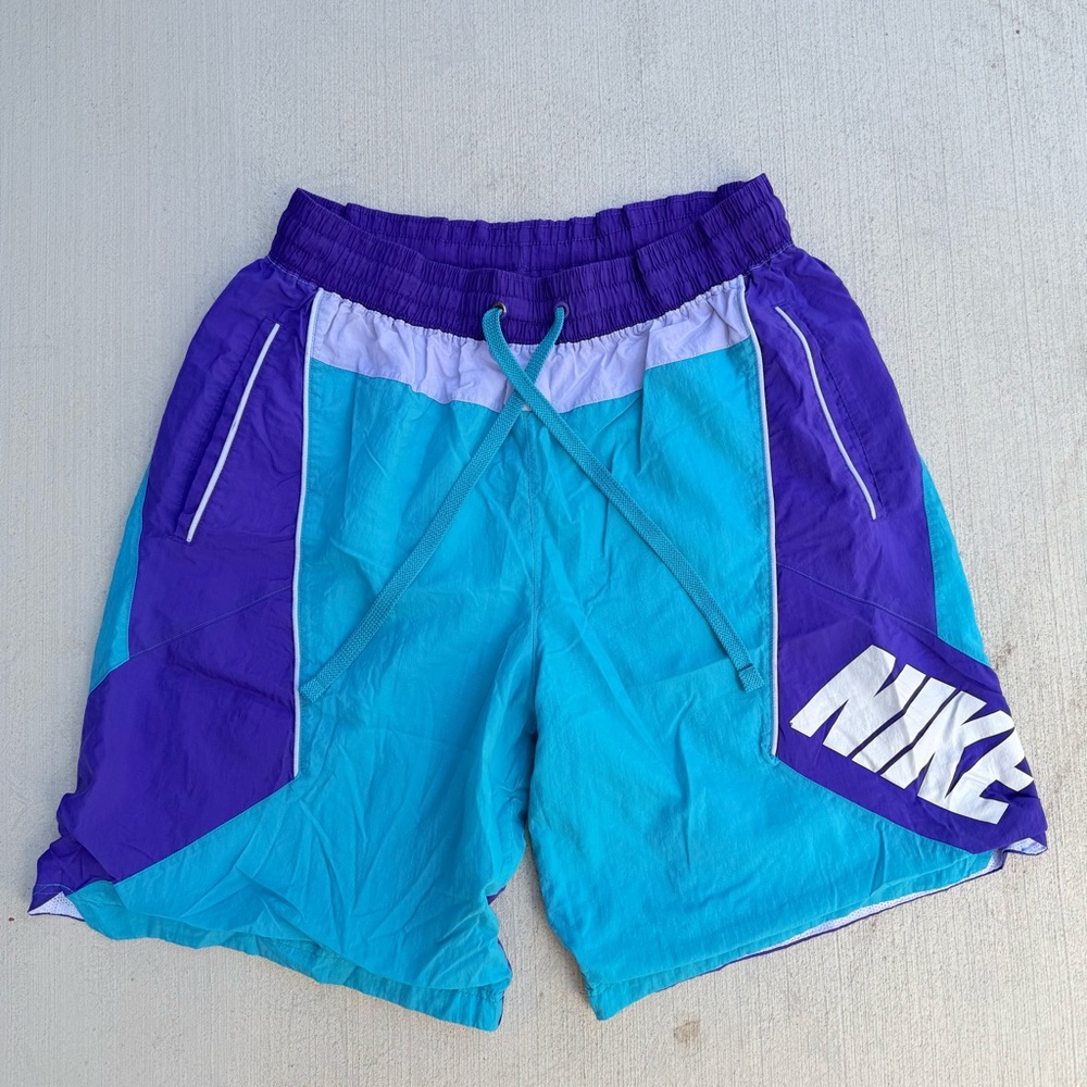 Vintage Nike Nylon Shorts Mens Large Teal Purple Colorblock Windbreaker 90sRetro
